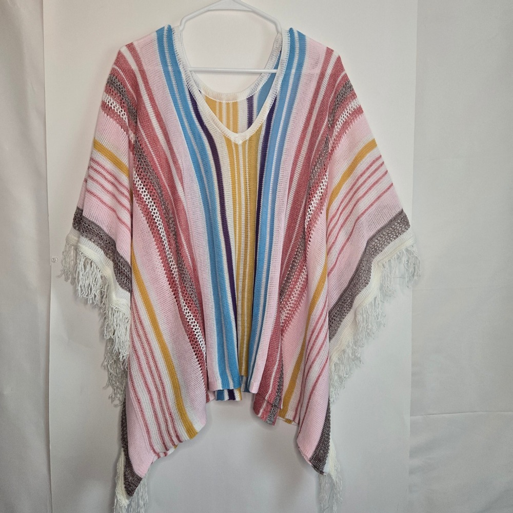 Cupshe Womens Striped Knit Poncho Beach Cover Up Pink Blue Fringe Trim OS